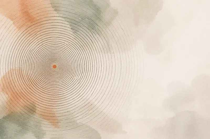Abstract illustration: many fine closely spaced ink ripples radiating outward from a small point