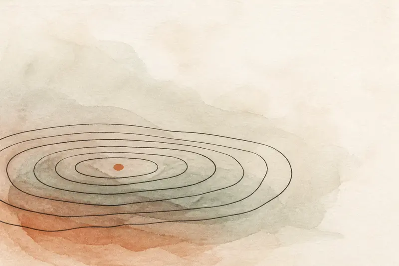 Abstract illustration: flattened concentric ink rings lying low over settled washes of sage and terracotta