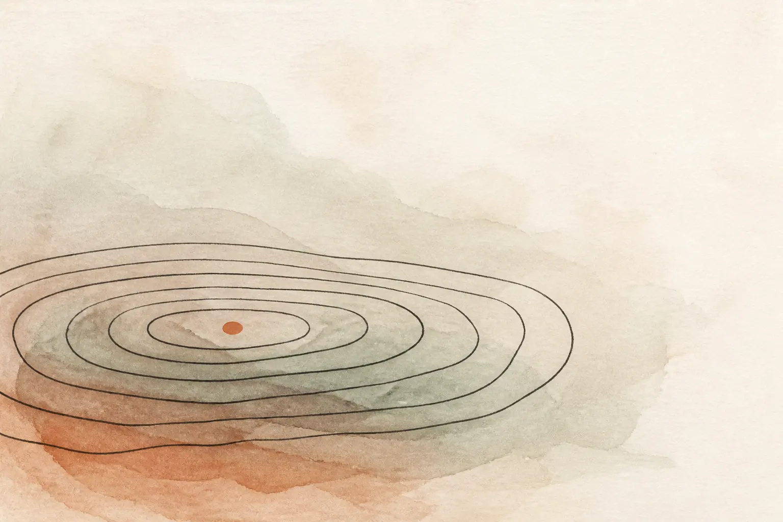 Abstract illustration: flattened concentric ink rings lying low over settled washes of sage and terracotta