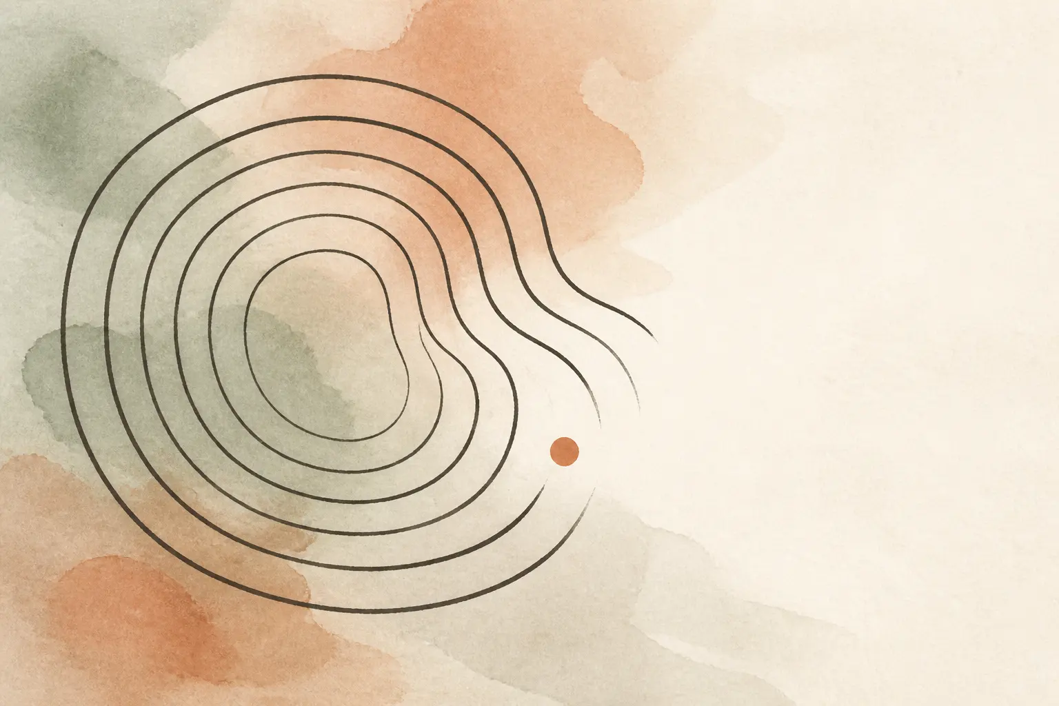 Abstract illustration: concentric ink rings parting on one side to leave an opening, over soft warm washes