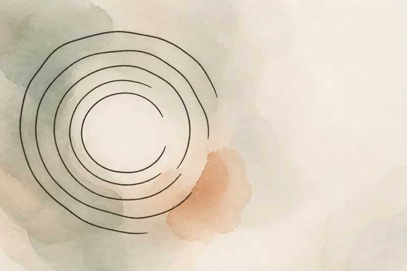 Abstract illustration: concentric ink rings with breaks in the lines and an empty centre, over soft sage and terracotta washes