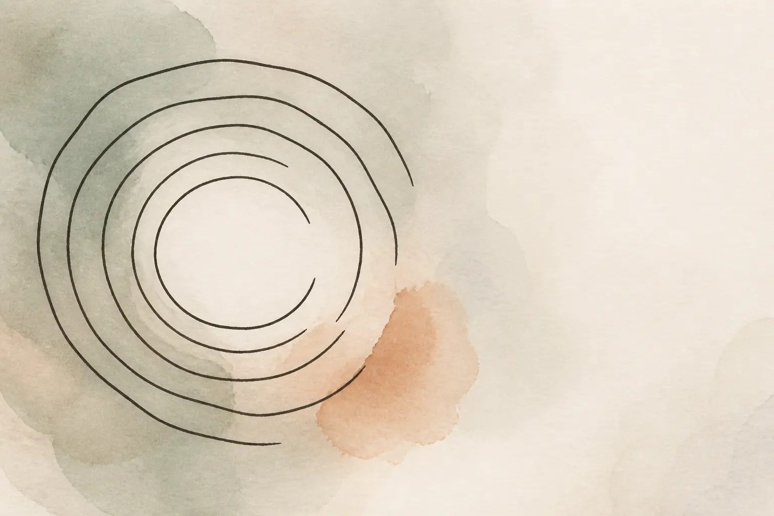 Abstract illustration: concentric ink rings with breaks in the lines and an empty centre, over soft sage and terracotta washes