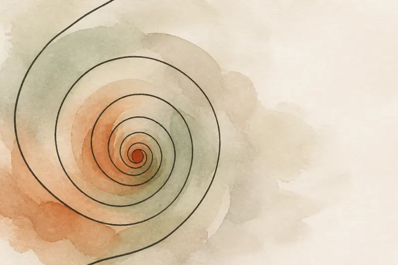 Abstract illustration: a single ink spiral winding inward to a still terracotta centre over layered washes