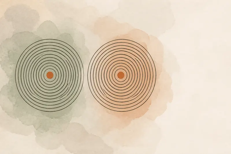 Abstract illustration: two matching systems of concentric ink rings side by side, one over sage and one over terracotta