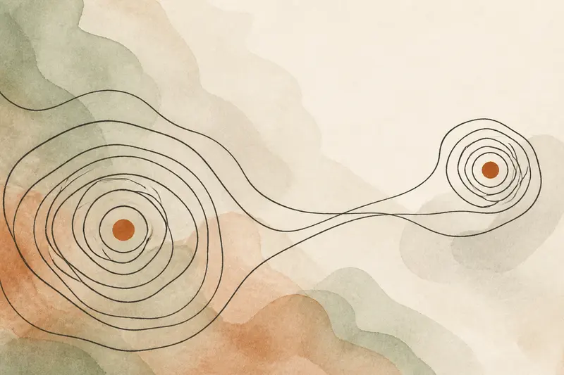 Abstract illustration: two systems of concentric ink rings joined by continuous lines across open space