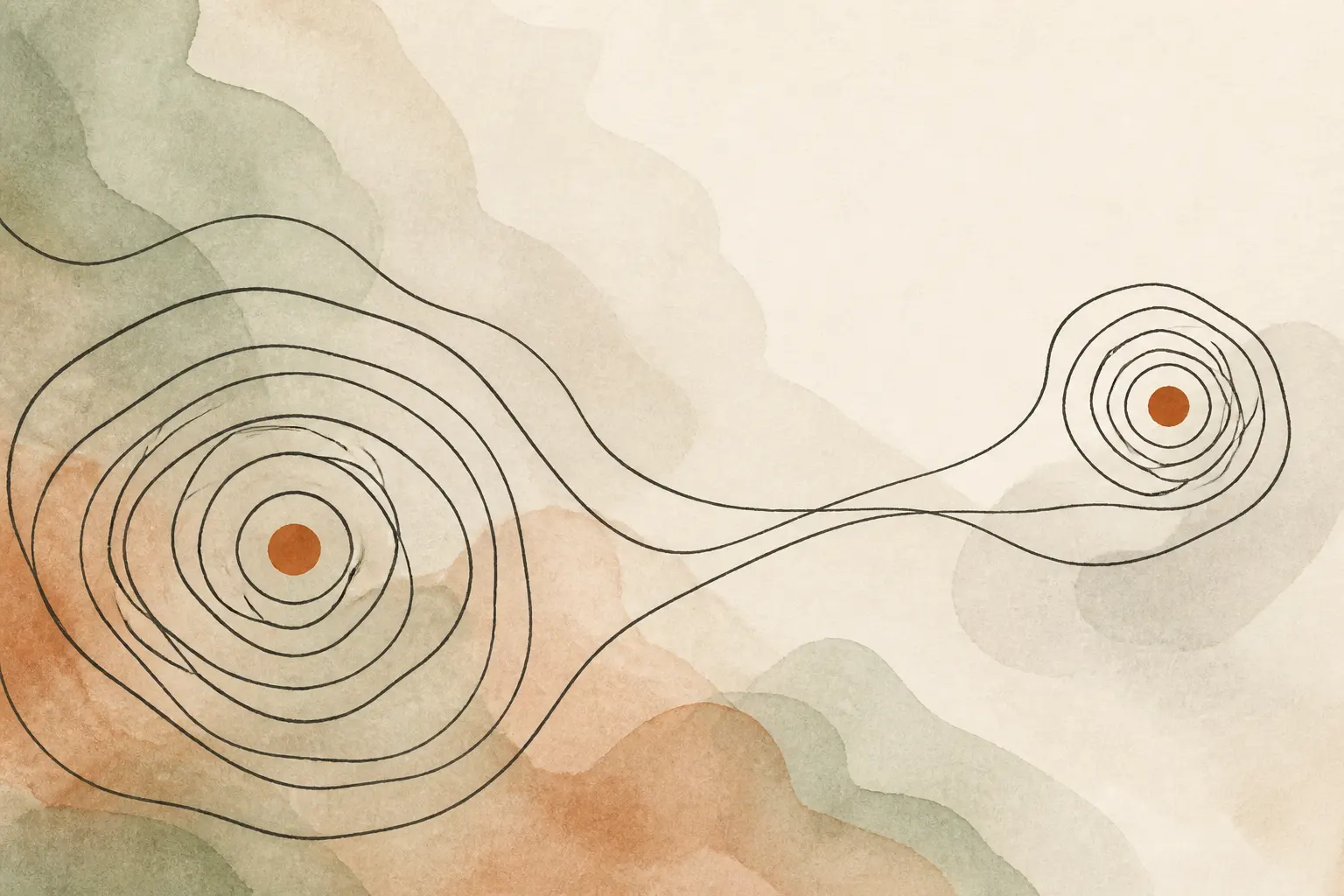 Abstract illustration: two systems of concentric ink rings joined by continuous lines across open space