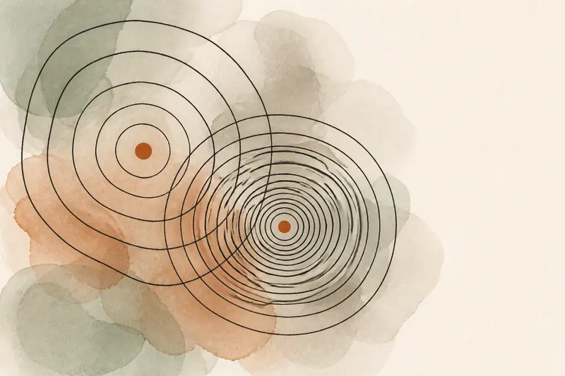 Abstract illustration: two overlapping systems of concentric ink rings, one dense and deep, one wider and shallower