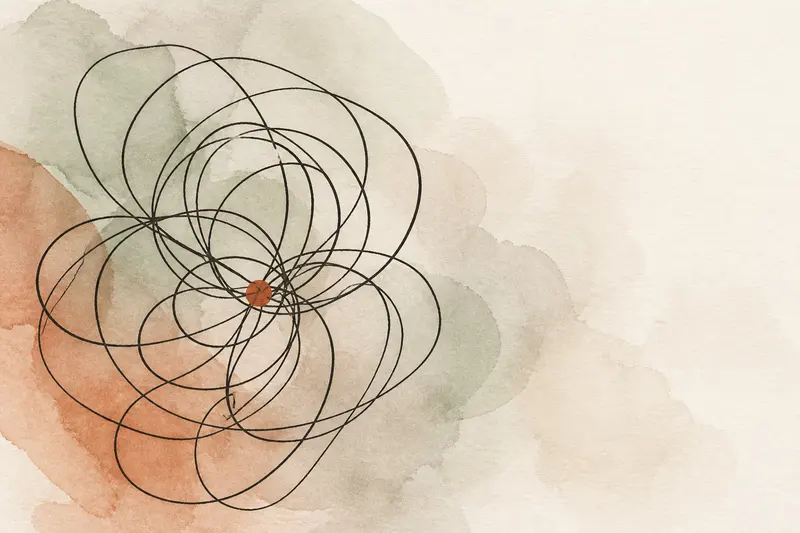 Abstract illustration: a single ink line looping back over itself repeatedly into a loose tangle