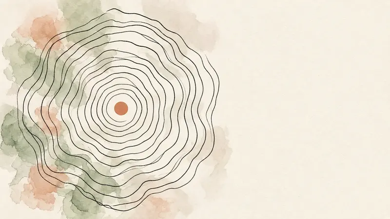 Abstract illustration: concentric ink rings widening outward as if never quite closing the distance, over soft sage and terracotta washes