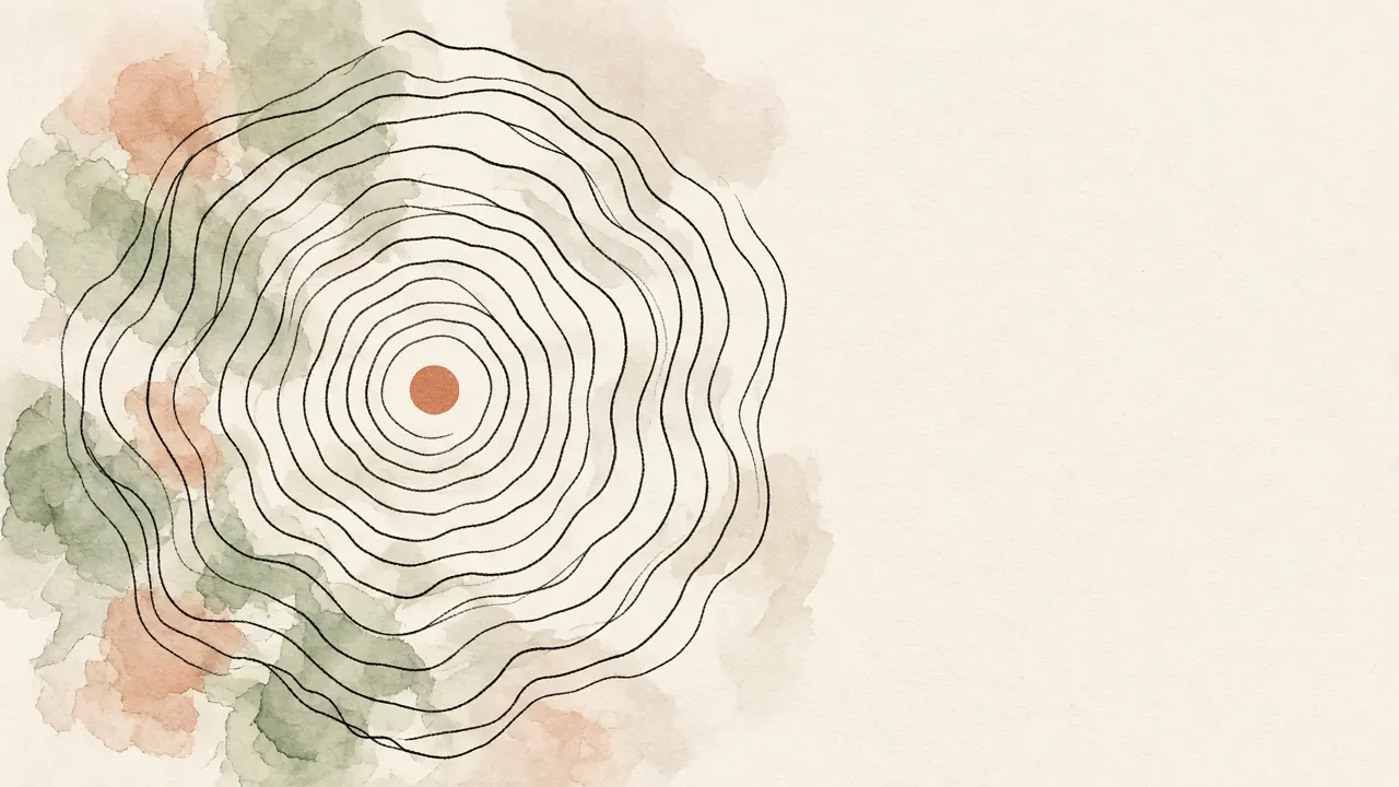 Abstract illustration: concentric ink rings widening outward as if never quite closing the distance, over soft sage and terracotta washes