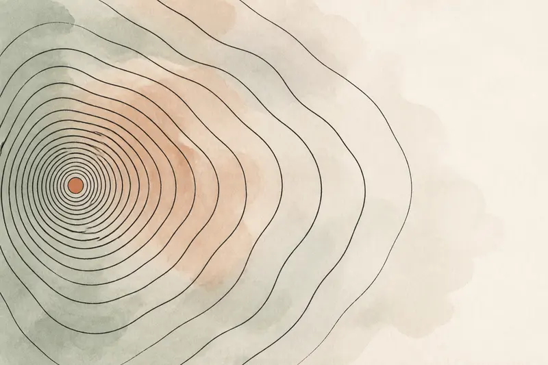 Abstract illustration: tightly compressed concentric ink rings loosening as they spread across pale washes