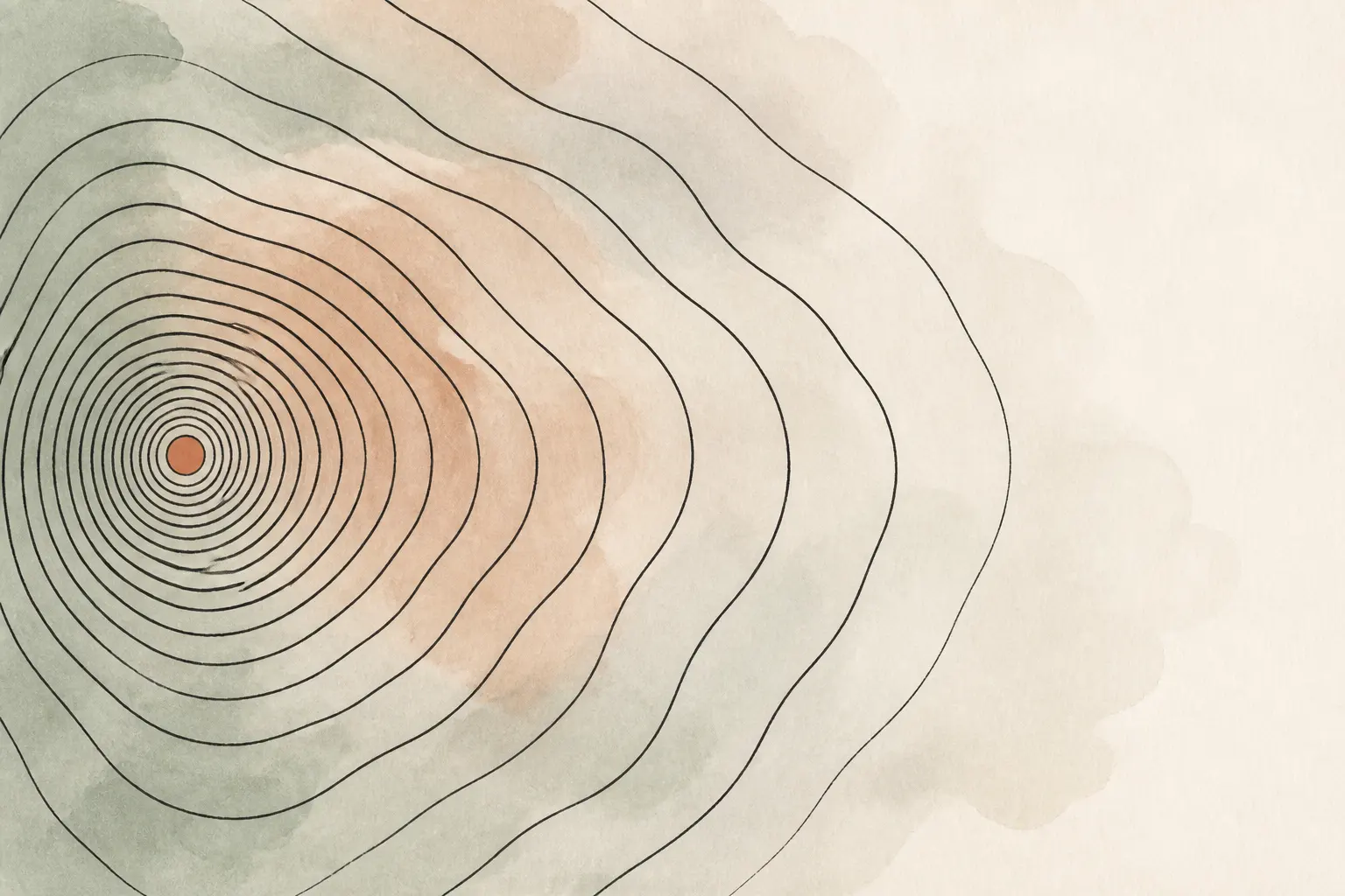 Abstract illustration: tightly compressed concentric ink rings loosening as they spread across pale washes