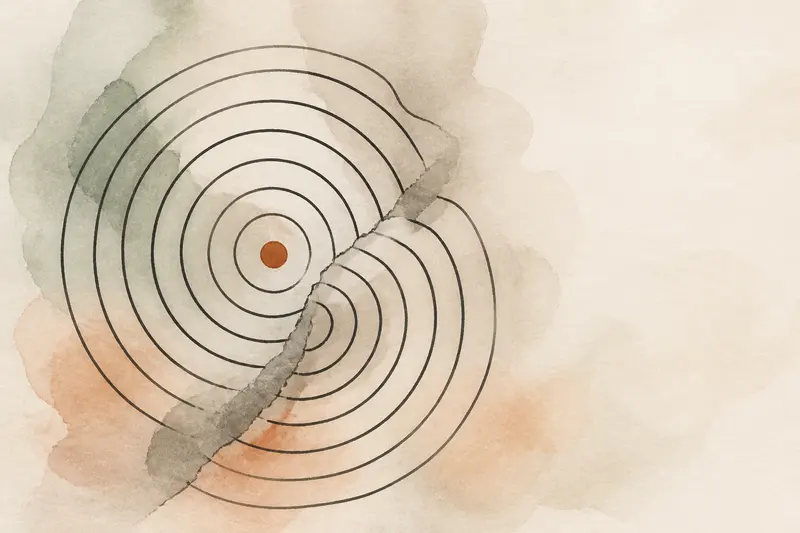 Abstract illustration: concentric ink rings fractured along a diagonal and continuing on the other side