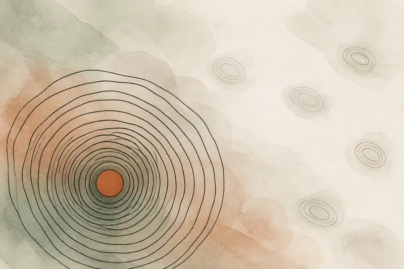 Abstract illustration: one deep system of many ink rings beside several small shallow ring clusters